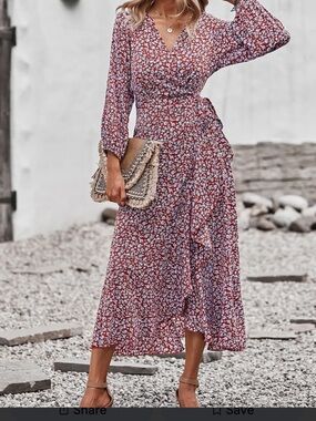 Liz Claiborne Red and White Floral Faux-Wrap Dress with Black Accents